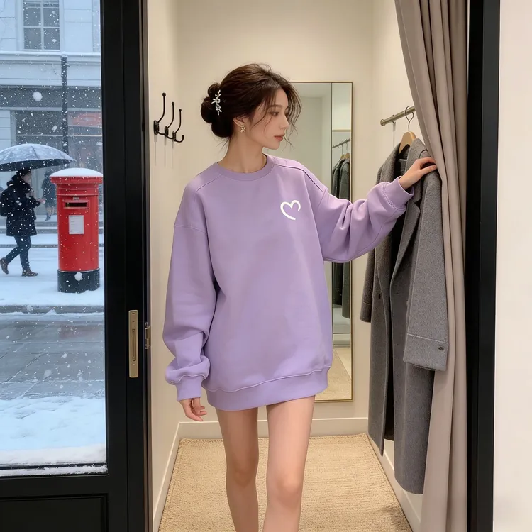 香芋紫假两件卫衣女加绒加厚春秋冬宽松中长款遮屁股上衣减龄百搭