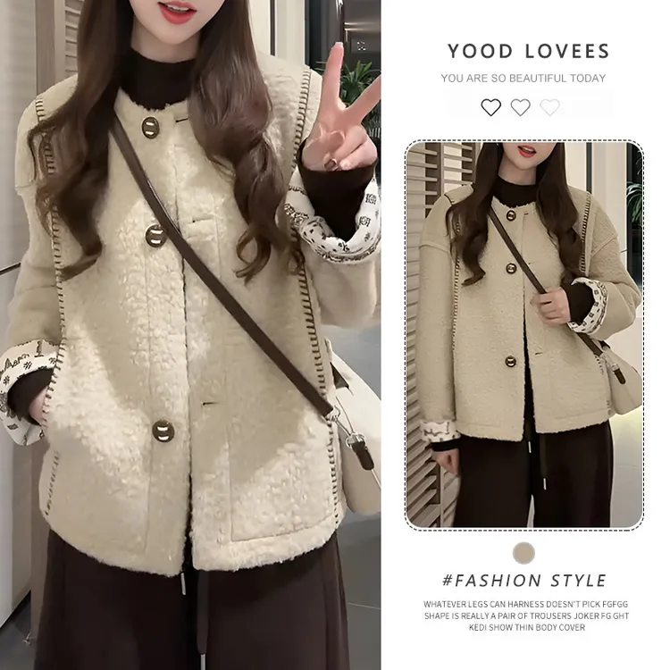 2025秋冬新款小香风毛毛外套女明线拼接装饰圆领长袖保暖开衫上衣