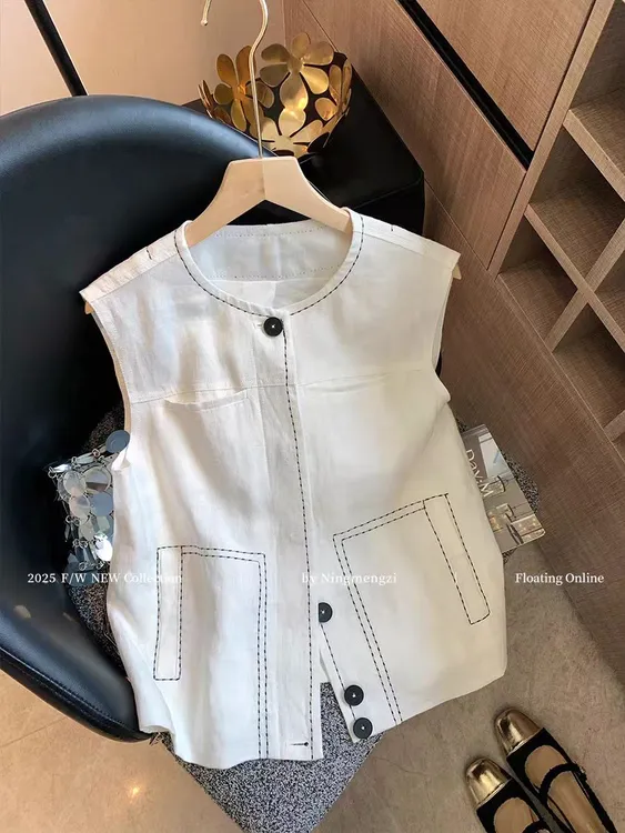 老钱风无袖衬衫简约明线亚麻马甲背心女夏季百搭通勤时尚气质上衣