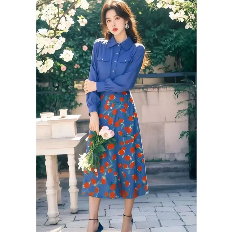 春季穿搭一整套高级感优雅气质漂亮超好看克莱因蓝衬衫半身裙套装