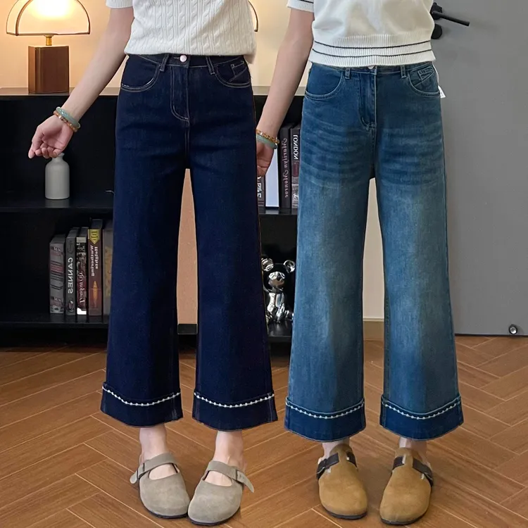 黑金色刺绣翻边直筒牛仔裤女秋季新款大码胖mm高腰显瘦九分烟管裤