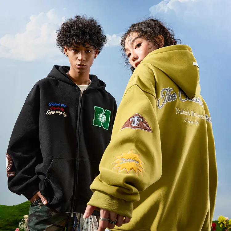 美式重磅毛巾绣刺绣拉链连帽卫衣外套加绒男女休闲宽松上衣开衫