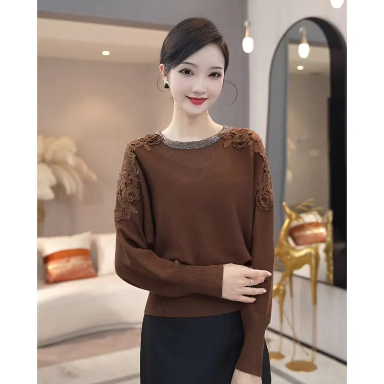 2025秋冬季新款【1228-2JR】含绵羊毛长袖棕色针织衫打底套头毛衣女
