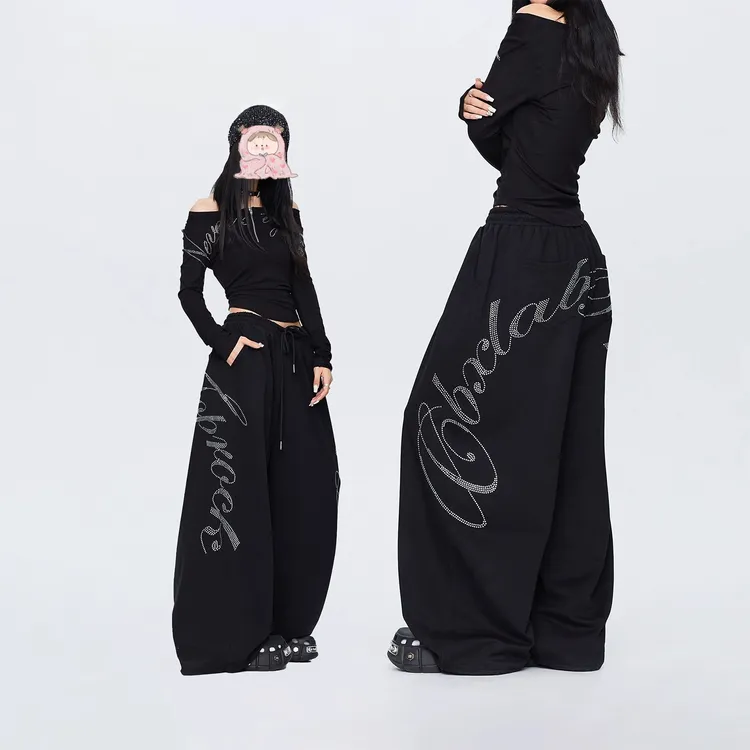 街舞潮牌oversize烫钻运动卫裤女辣妹宽松嘻哈爵士跳舞休闲阔腿裤