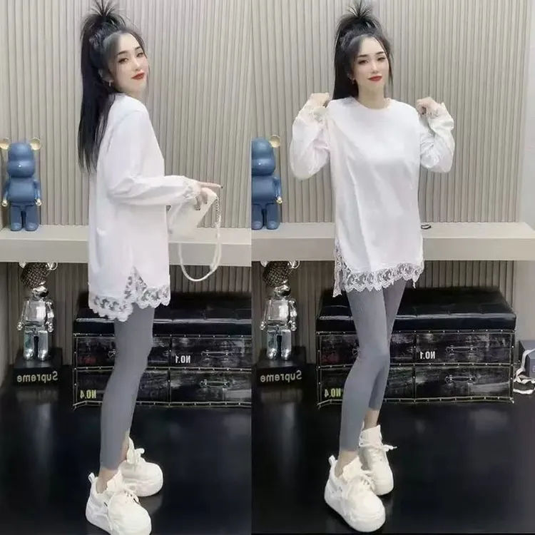 （加宝宝绒）2025时尚显瘦宽松长袖蕾丝拼接叠穿打底衫中长款内搭潮