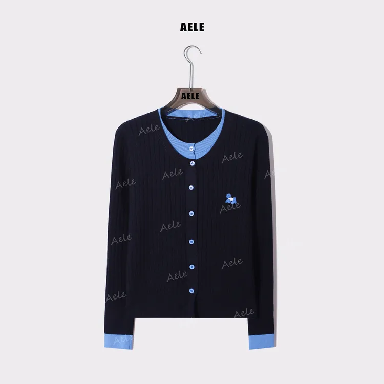 AELE新款刺绣撞色开衫女圆领单排扣修身温柔风毛衣 X855 5119 AD