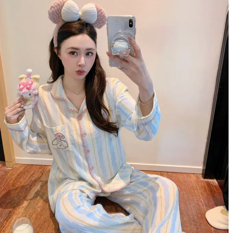 【睡帽小狗】卡通睡衣女春秋季泡泡绵纱布可外穿长袖长裤套装家居服