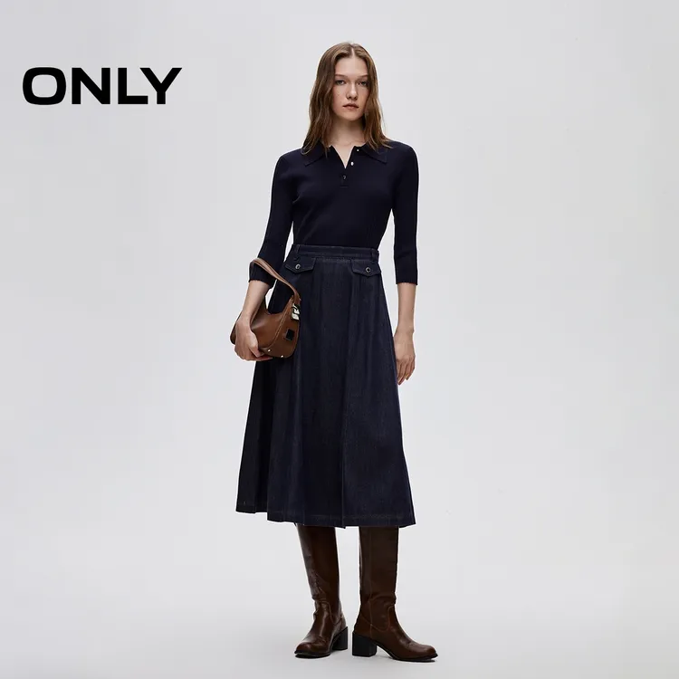 ONLY2025秋季新款莱赛尔伞裙针织牛仔拼接连衣裙女|125442007