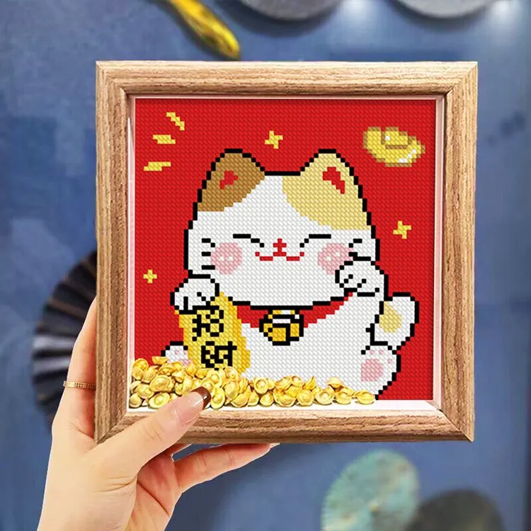 2025新款十字绣招财猫财神爷客厅摆件手工线绣真玻璃中空相框刺绣