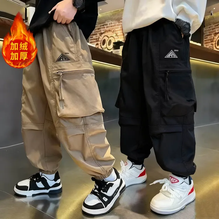 新款男童工装裤加绒中大童帅气秋冬工装裤儿童宽松加厚休闲裤长裤