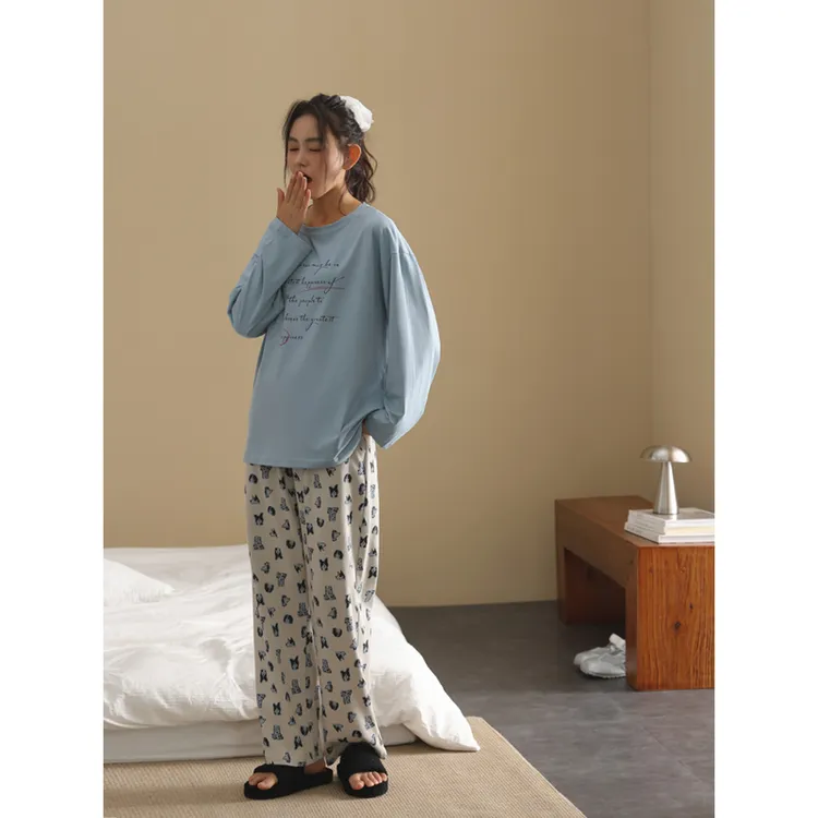 【美家臣】圆领睡衣女春秋新款针织棉长袖长裤可外穿印花家居服套