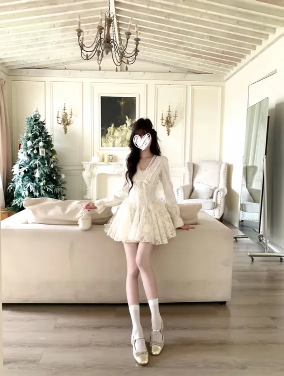 【天使之翼】秋冬新款法式纯欲蕾丝甜美连衣裙收腰千金风生日蓬蓬裙