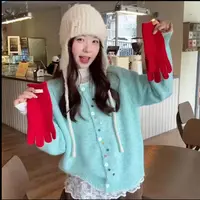 韩版彩扣撞色软糯百搭针织开衫女2025秋冬新款宽松显瘦圆领毛衣潮