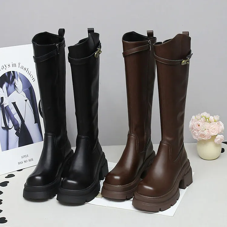 2068【单靴/ 二棉】侧拉链高跟弹力靴长靴女秋冬高筒瘦腿骑士靴