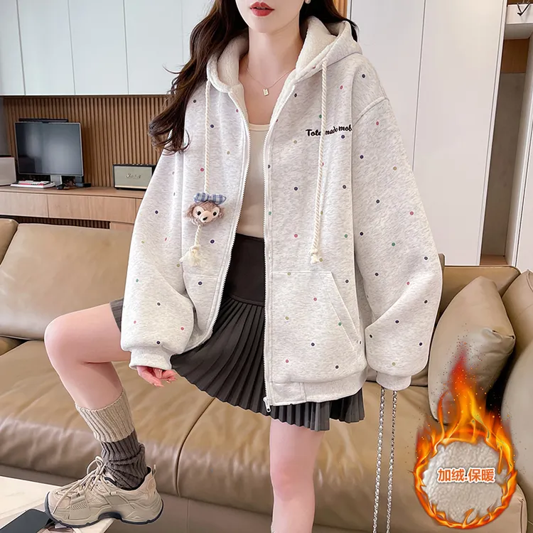 棉服女款爆款2025冬季新款初高中生加绒加厚连帽长袖卫衣宽松棉衣