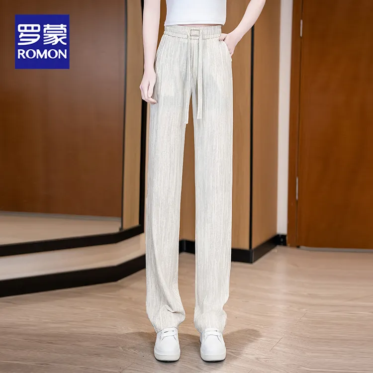 罗蒙女装冰丝阔腿裤女春夏2026高腰垂感抽绳肌理感休闲拖地裤子