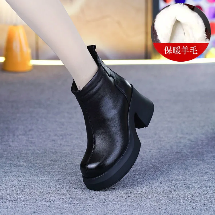 5305羊毛粗跟短靴女冬季新款头层牛皮厚底一体跟加绒加厚马丁棉靴