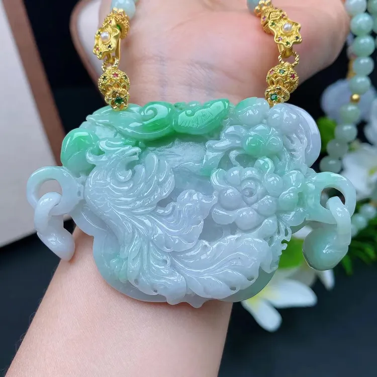 缅甸天然A货翡翠凤凰牡丹如意锁牌毛衣链挂件新中式香云纱搭配