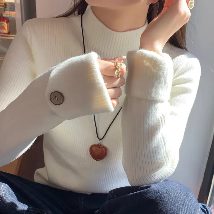 白色半高领加绒加厚打底衫女内搭秋冬季2025新款中领毛衣针织上衣