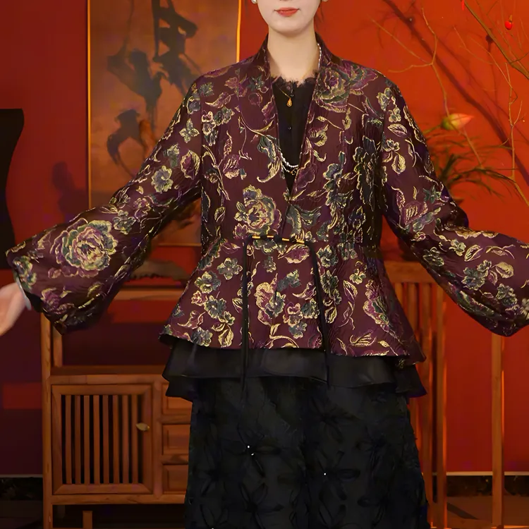 【大海轻奢】S2310新款牡丹花刺绣紫色拼接木耳边外套