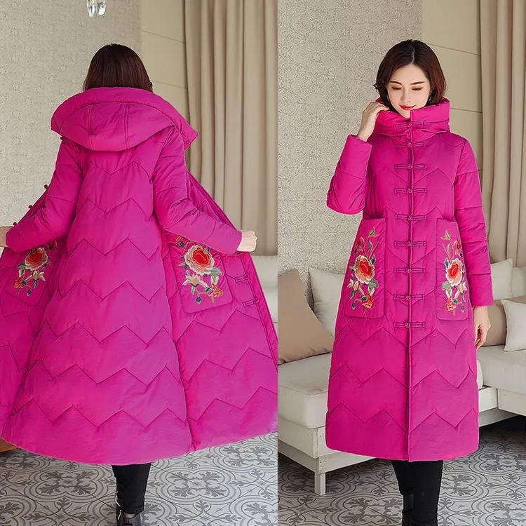 民族风羽绒棉服女中长款2024新款刺绣过膝棉袄中国风棉衣加厚冬装