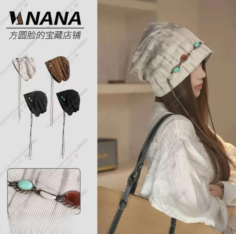 原创设计 秋冬波西米亚扎染包头帽无檐帽子冷帽女流苏堆堆帽