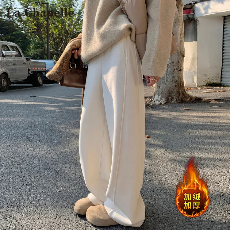拉夏贝尔加绒糯米弯刀裤女秋冬2025新款卫裤仿羊绒加厚毛呢阔腿裤