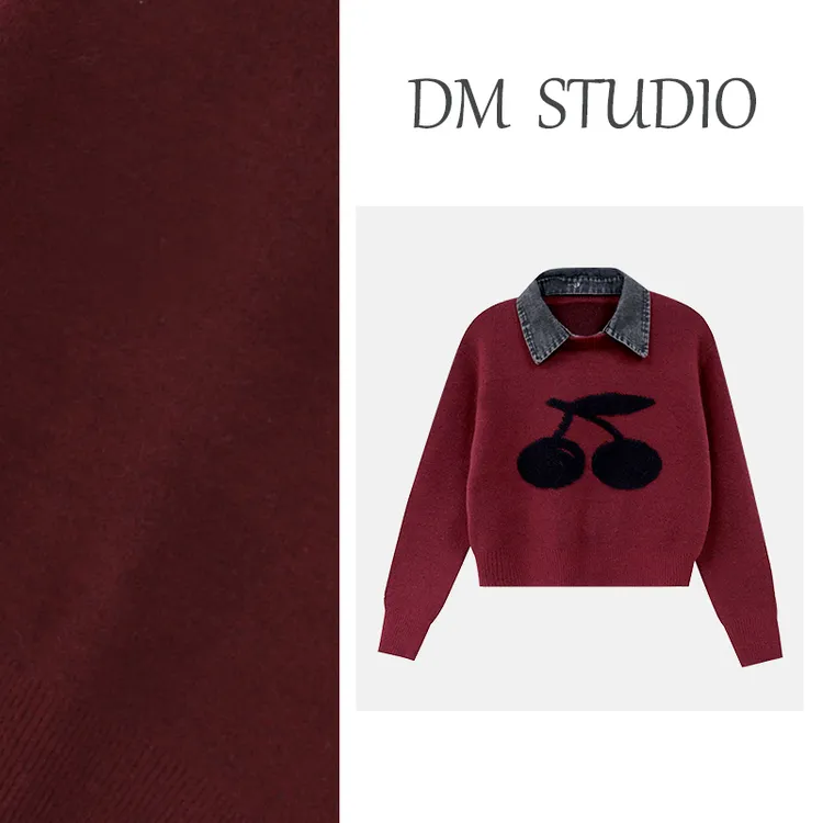 【樱桃蛋糕】冬季立体小翻领+牛仔拼接樱桃绣花毛衫上衣DM24208