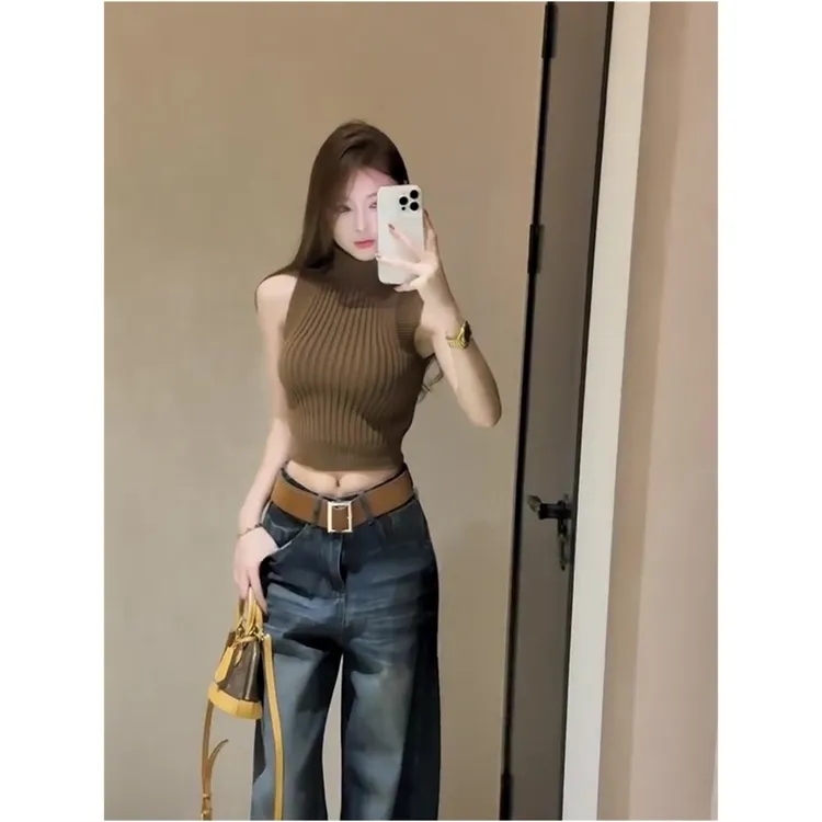 ycx 半高领无袖针织背心女夏季气质修身小个子纯欲短款上衣外穿