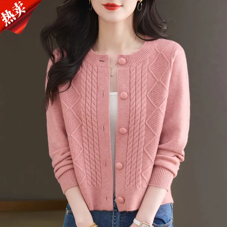【原版正品】羊毛衫女春秋短款圆领毛衣外套洋气小香风妈妈针织开衫