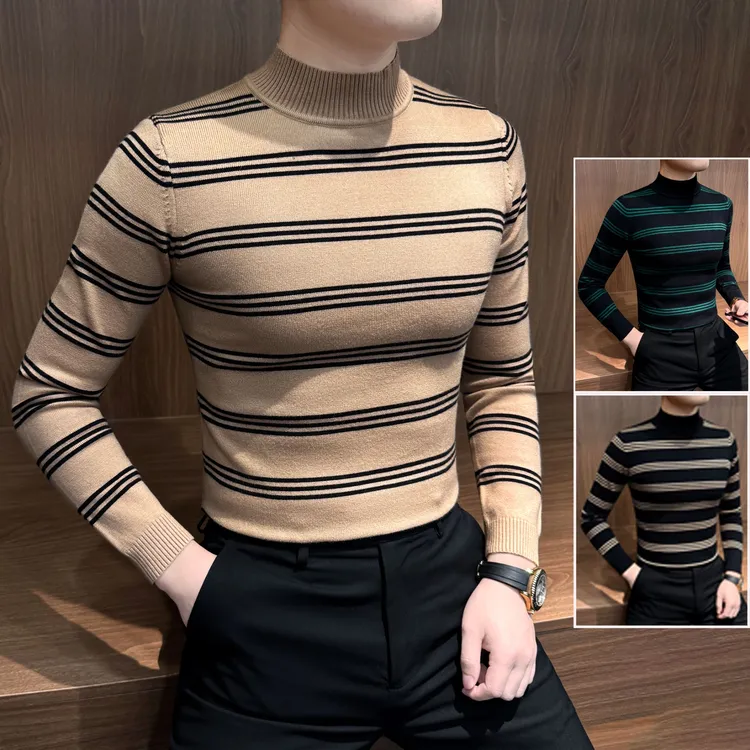 条纹半高领t恤长袖男款爆款2025新款痞帅时尚潮流秋季针织打底衫