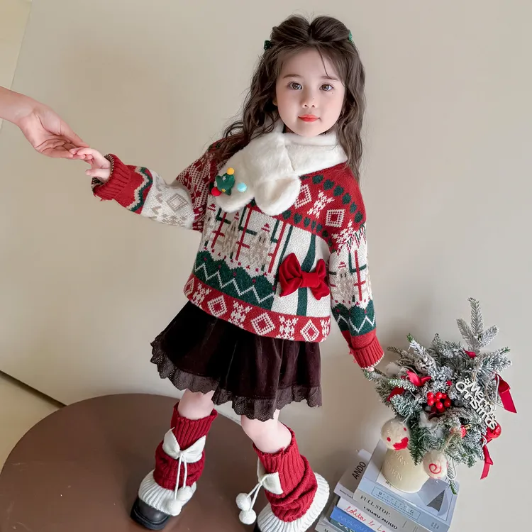 女童秋冬毛衣2025红色新年衣服女童加厚套头洋气女孩圣诞冬季打底