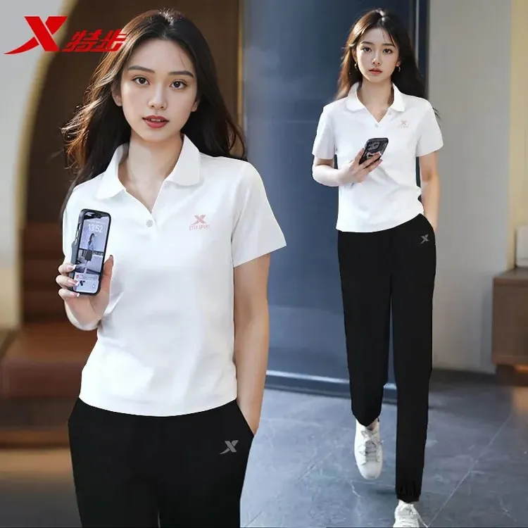 特步运动套装女夏季polo翻领短袖长裤冰丝透气休闲长裤裤显瘦女士