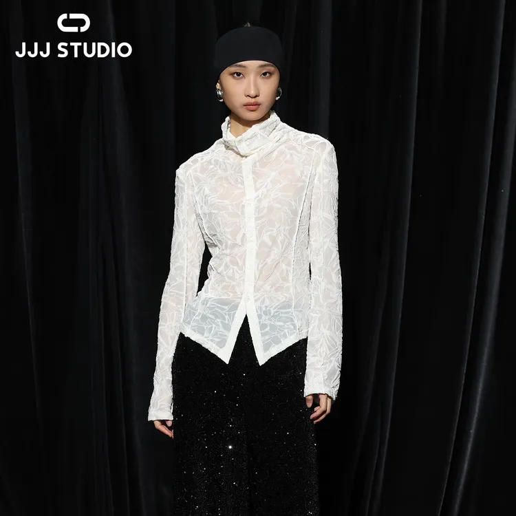 JJJ STUDIO 长袖气质白色时尚针织提花推推领打底衫JDWWW2N464