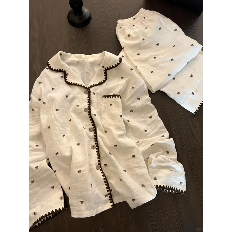 卡通软萌小熊印花睡衣女春秋新款休闲长袖长裤家居服套装可外穿