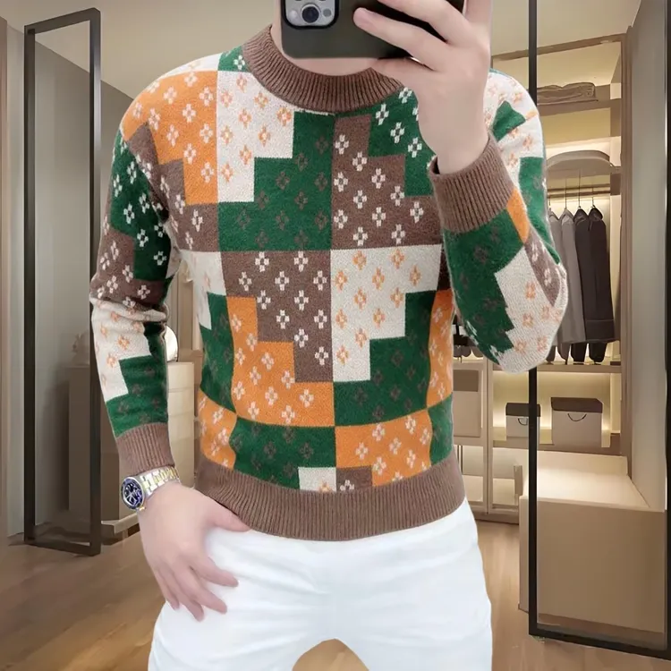 欧洲站冬季新款男士长袖毛衣潮牌时尚个性提花百搭保暖针织打底衫