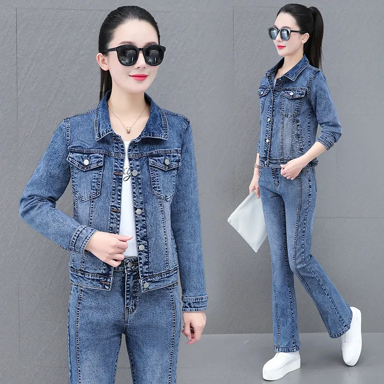 牛仔套装女时尚春秋季修身短款夹克显瘦上衣休闲套装百搭喇叭裤潮