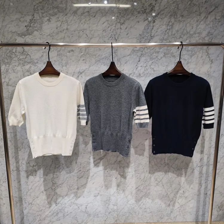 经典四杠5分袖羊毛圆领针织