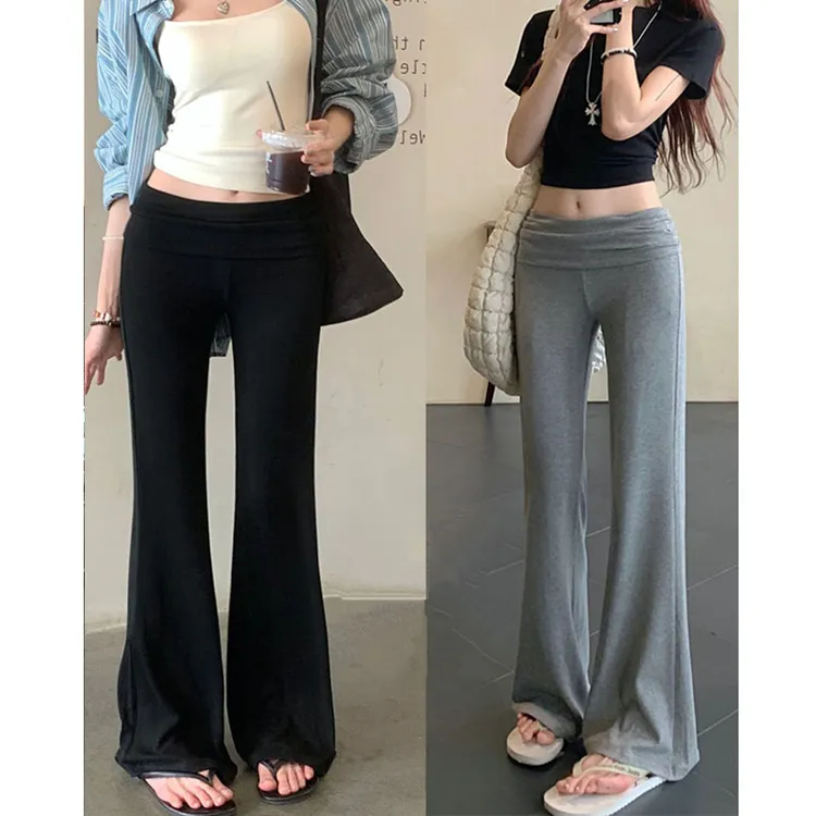 美式复古灰色微喇休闲长裤女春秋薄款高腰显瘦垂感云朵裤拖地裤子