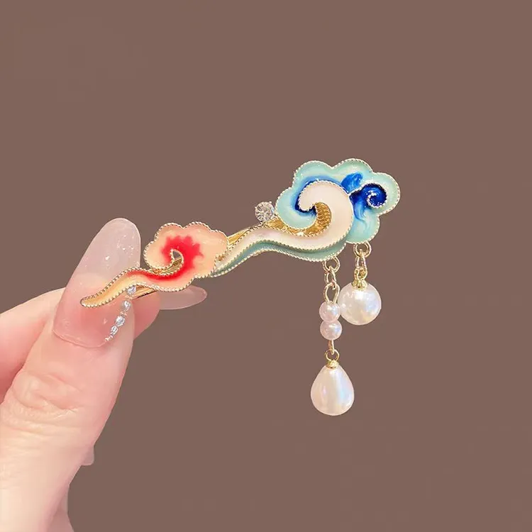 新中式汉服云朵珍珠发夹女侧边刘海碎发夹子古风旗袍头饰鸭嘴发卡