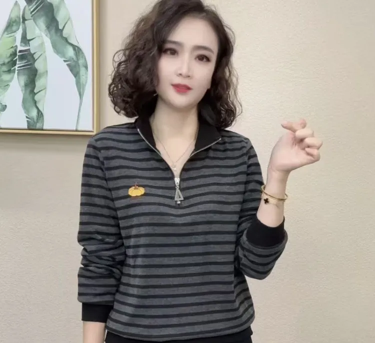 2025秋季新款气质洋气时尚长袖百搭女士立领条纹女士上衣T恤#6981