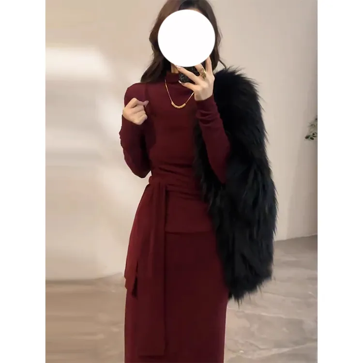 御姐风辣妹高级感绑带修身连衣裙女2025新款冬季收腰显瘦包臀长裙