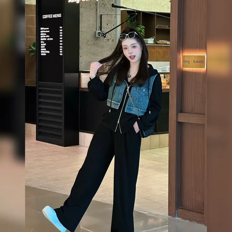 楠序【偶遇西雅图】魏魏微胖女装 牛仔拼接假两件卫衣套装女NX13792