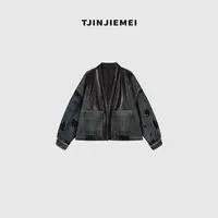 T井姐妹【爱情海】新款设计感牛仔拼接皮衣外套PY2508-8A9037-1