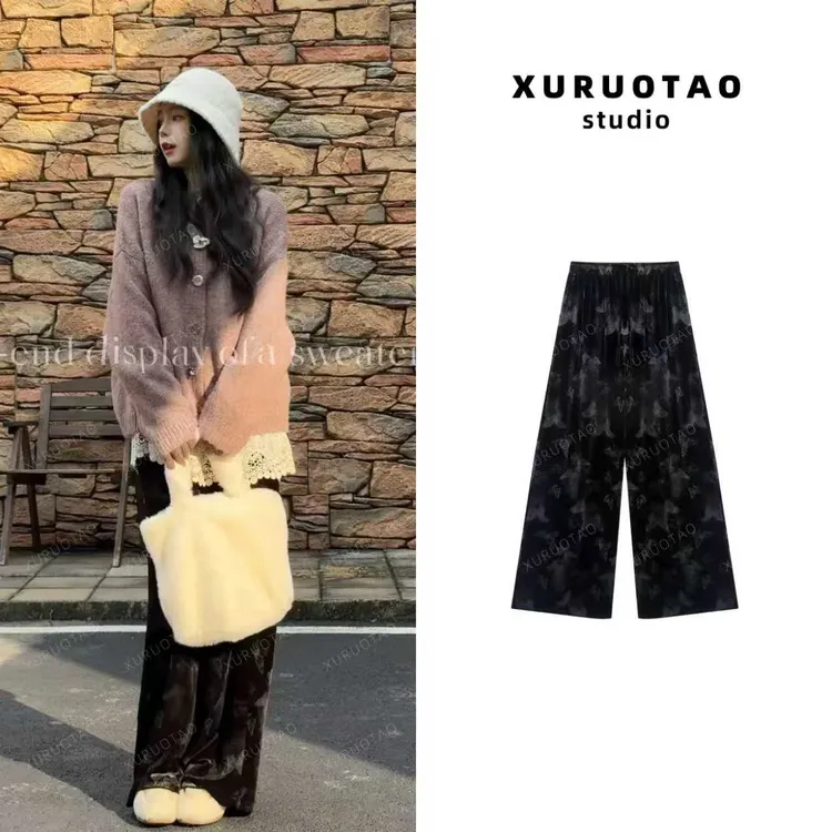 XURUOTAO【丝绒蝴蝶裤】丝绒设计感显瘦松紧高腰黑色裤子 T5677