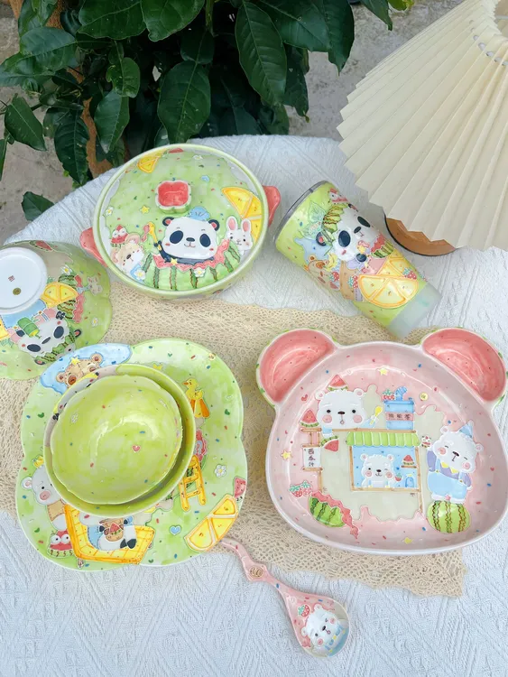 一泥夏季限定绿色系列可爱陶瓷餐具 饭碗 盘 泡面锅
