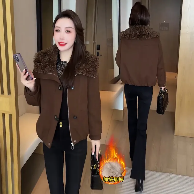 时尚加绒加厚短款外套女冬季新款洋气显瘦羊羔毛领保暖夹克上衣潮