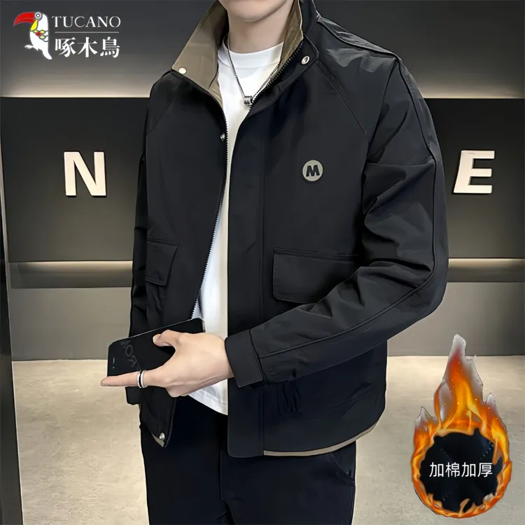 啄木鸟立领夹克外套男士秋季新款修身拼色百搭上衣加棉休闲时尚男
