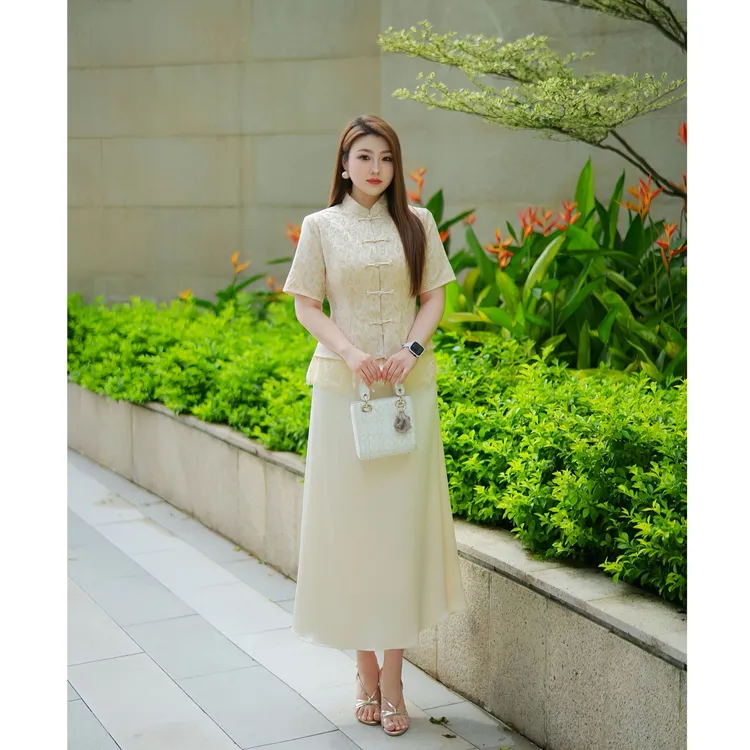 XYD71605/XYD71606中式国风大码女装盘扣上衣显瘦缎面半身裙