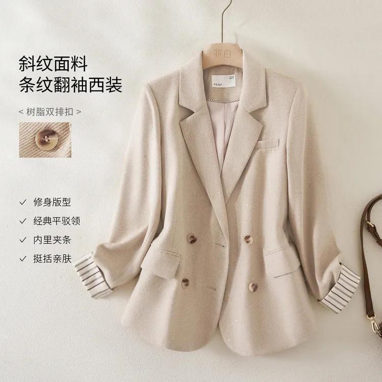 亦白【小格调】2025秋季新款女装气质条纹翻袖拼接长袖宽松西装外套